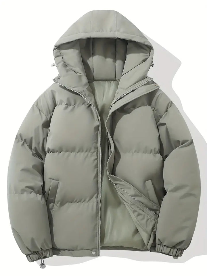 Close-up of the hood & collar on a men's classic design warm hooded jacket.