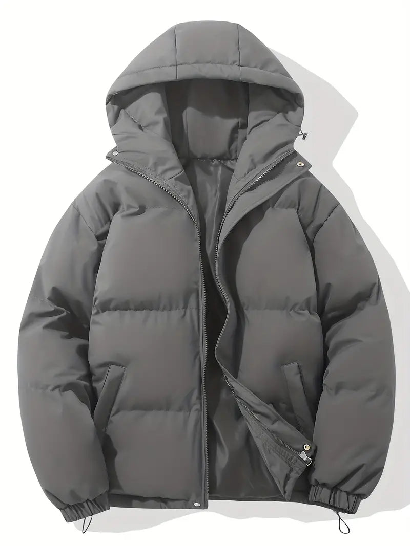 Men's warm hooded jacket, detailed view of durable fabric and classic stitching.