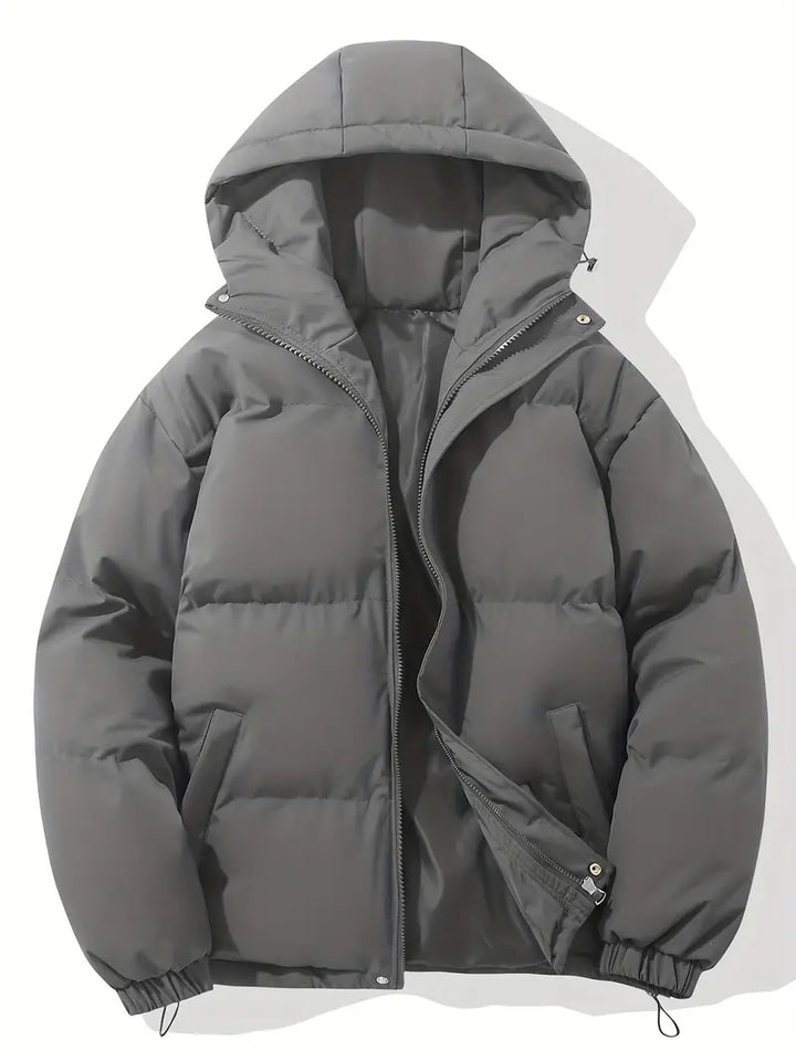 Men's warm hooded jacket, detailed view of durable fabric and classic stitching.