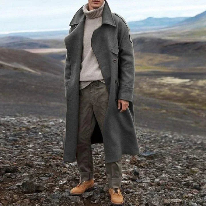 Men's classic double-breasted long trench coat in gray, perfect for winter fashion and formal or casual outerwear.