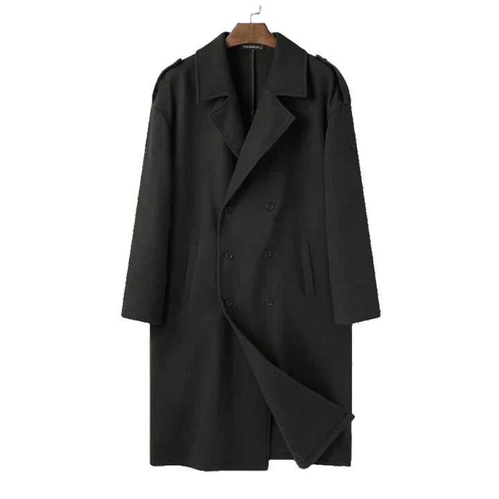 Stylish men's black double-breasted long coat with an oversized fit, ideal for classic winter outerwear.