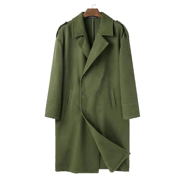 Brown men's double-breasted long coat, a versatile trench for sophisticated formal or casual men's fashion.