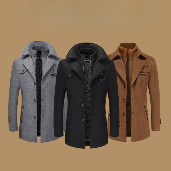 Classic men's double-breasted pea coat, a stylish and warm winter jacket for cold weather fashion.