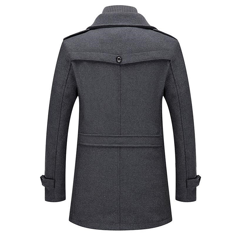 Warm men's double-breasted pea coat with notch lapel, button-front, perfect winter outerwear.