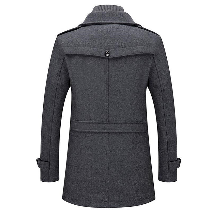 Warm men's double-breasted pea coat with notch lapel, button-front, perfect winter outerwear.