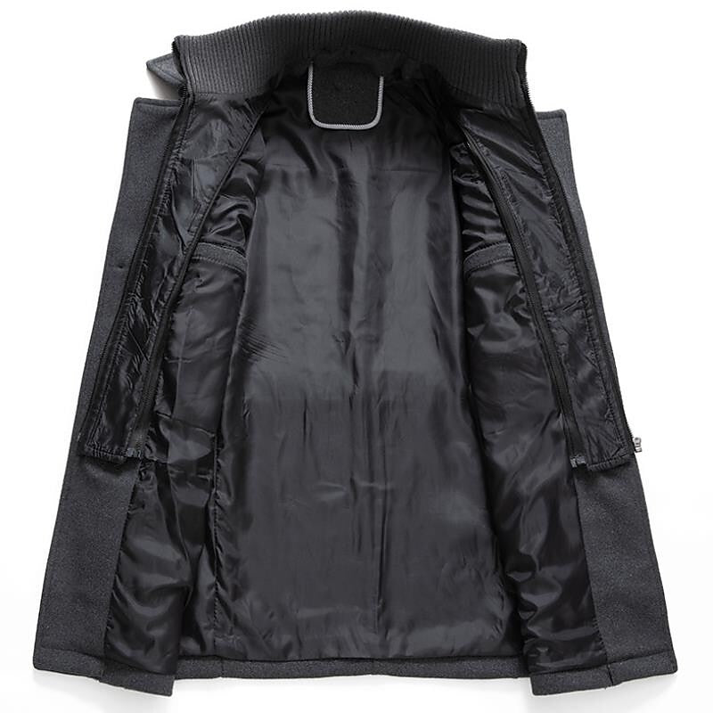 Cozy men's double-breasted winter pea coat, perfect for fall fashion and cold weather warmth.