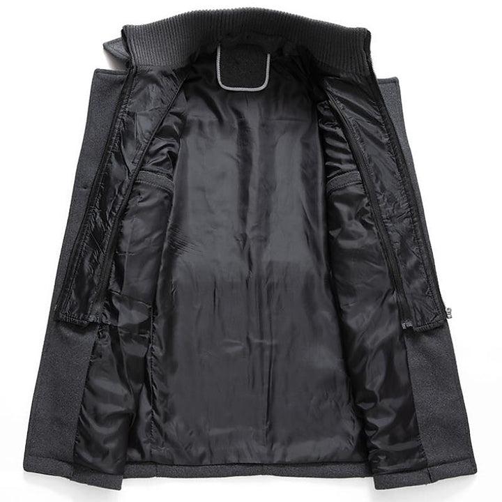 Cozy men's double-breasted winter pea coat, perfect for fall fashion and cold weather warmth.