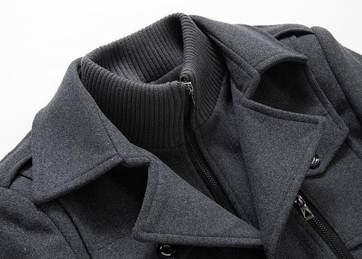 Classic men's double-breasted pea coat, featuring large buttons, warm fabric, ideal winter jacket.