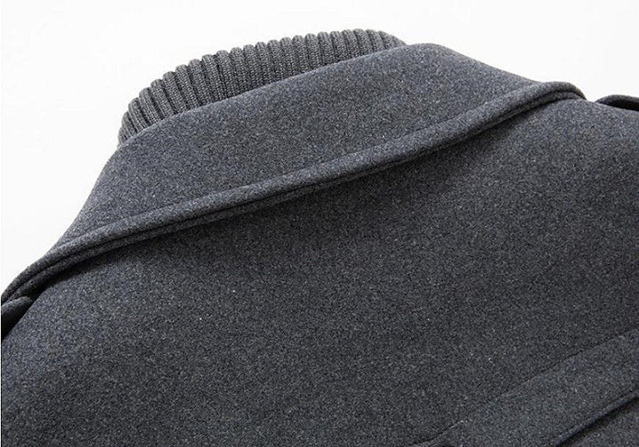Men's formal double-breasted pea coat, an essential winter overcoat for elegant men's fashion.