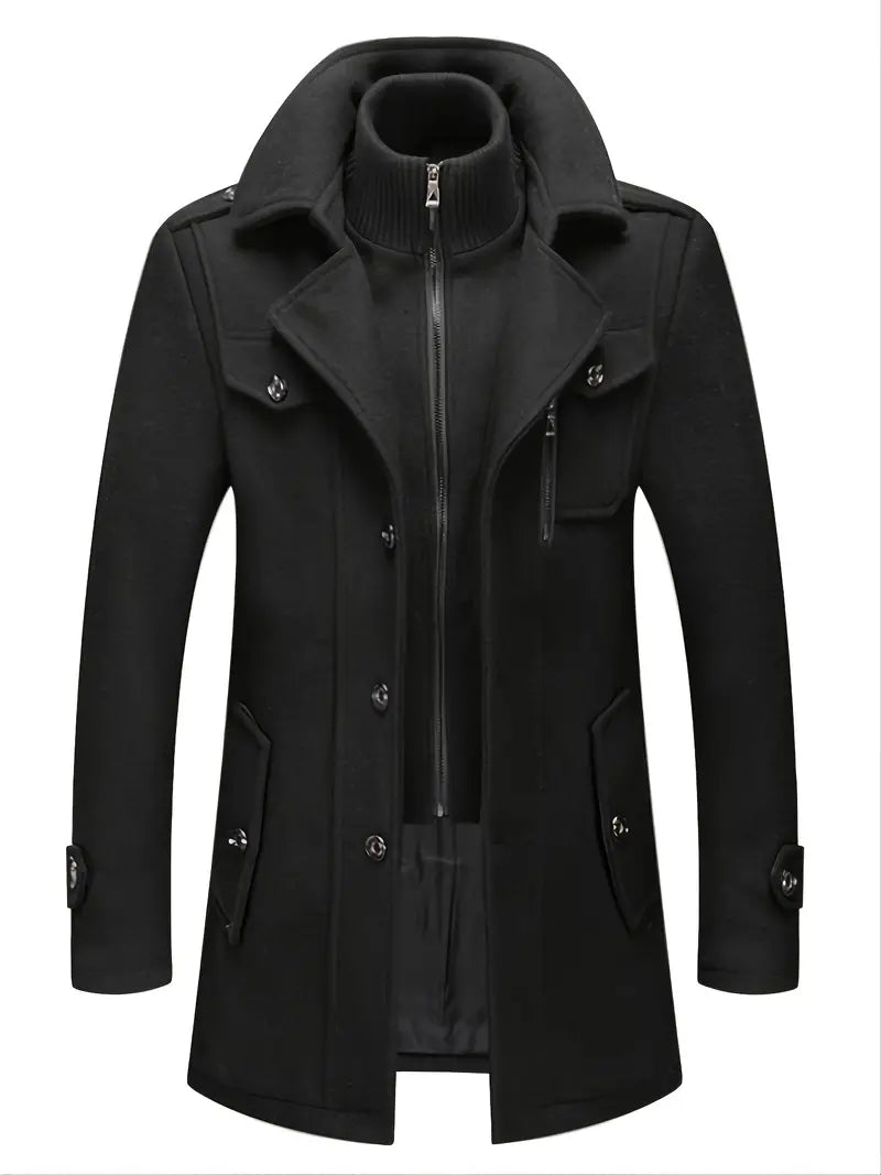 Men's classic double-breasted pea coat in navy, offering timeless style & warmth for cold weather outerwear.