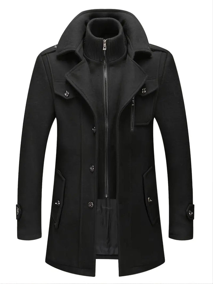 Men's classic double-breasted pea coat in navy, offering timeless style & warmth for cold weather outerwear.