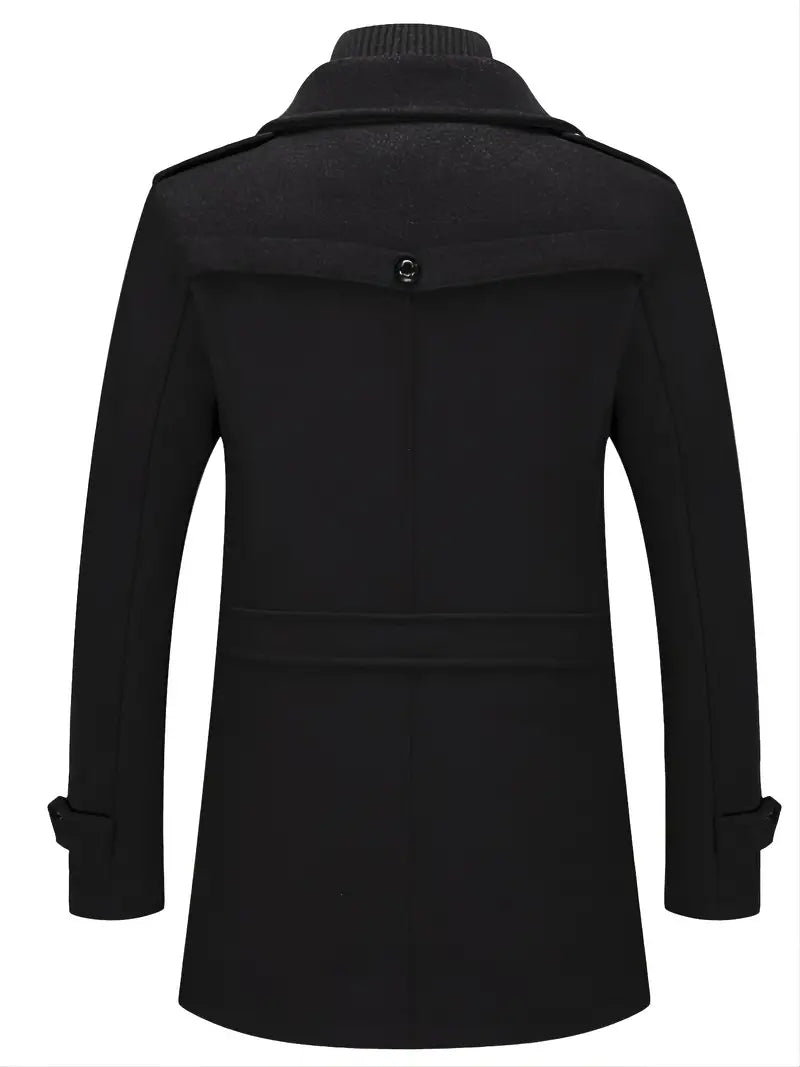 Close-up of a men's double-breasted pea coat, detailing the wide lapels, large buttons, and wool fabric.
