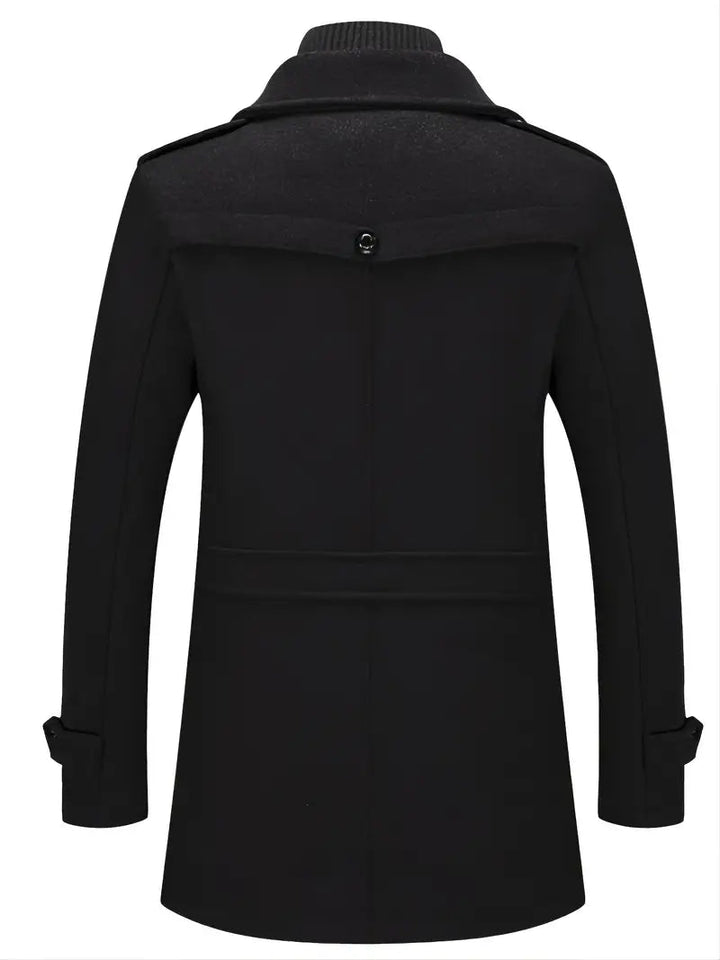 Close-up of a men's double-breasted pea coat, detailing the wide lapels, large buttons, and wool fabric.