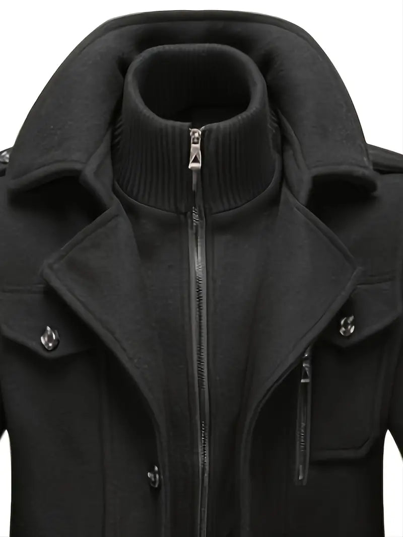 Stylish man wearing a sophisticated double-breasted pea coat, perfect for winter fashion & formal events.