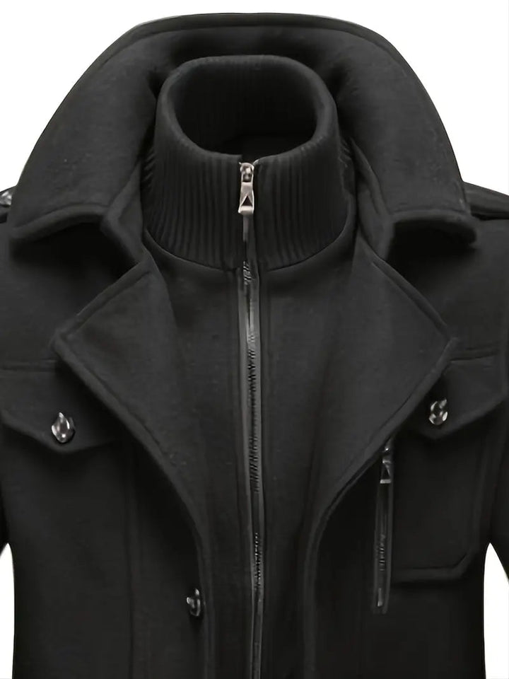 Stylish man wearing a sophisticated double-breasted pea coat, perfect for winter fashion & formal events.