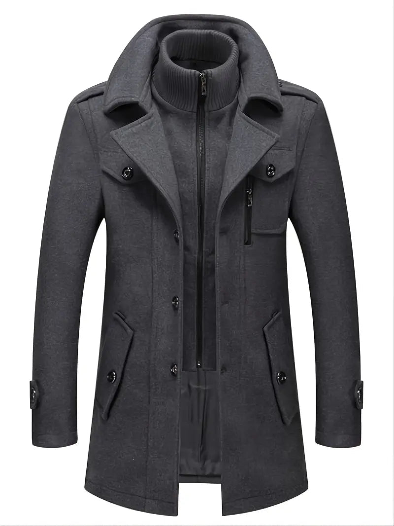 Back view of a warm men's wool pea coat, highlighting its classic cut and durable cold weather design.