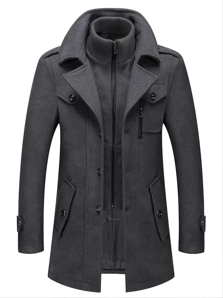 Back view of a warm men's wool pea coat, highlighting its classic cut and durable cold weather design.
