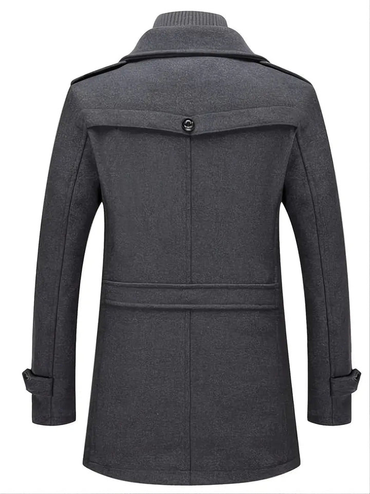 Side profile of a structured men's double-breasted pea coat, ideal as a versatile winter jacket & outerwear.