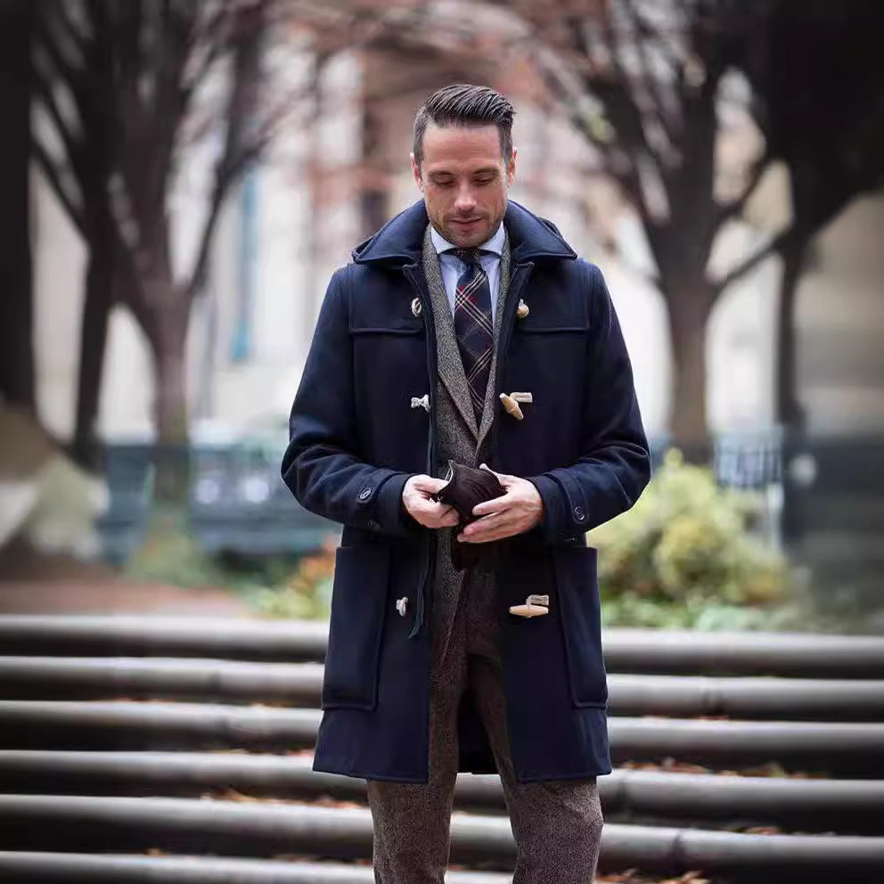 Men's classic duffle coat, a timeless winter outerwear for elegant and stylish men, featuring toggle closures.