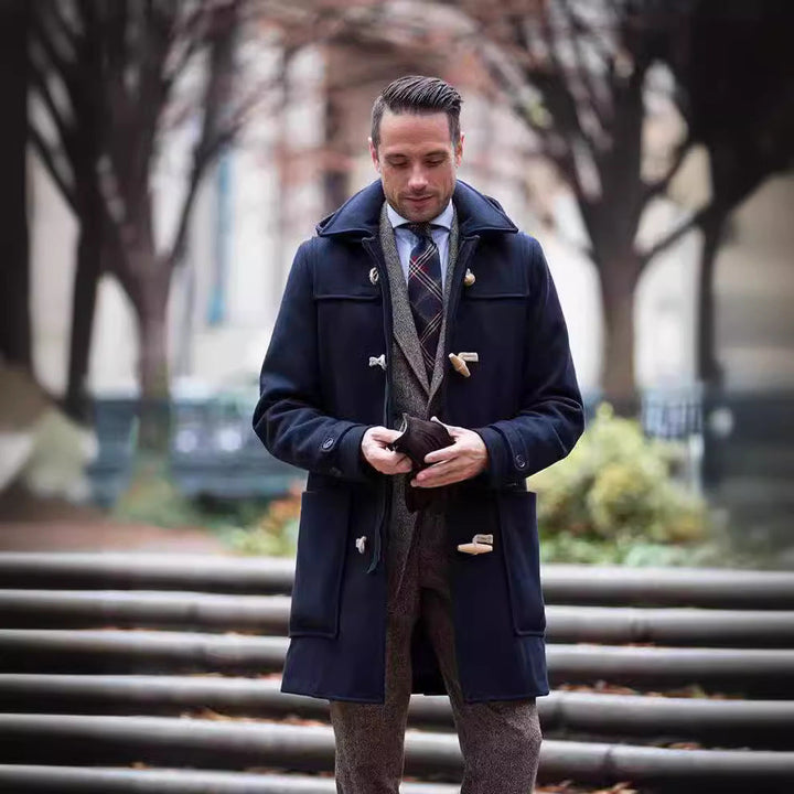 Men's classic duffle coat, a timeless winter outerwear for elegant and stylish men, featuring toggle closures.