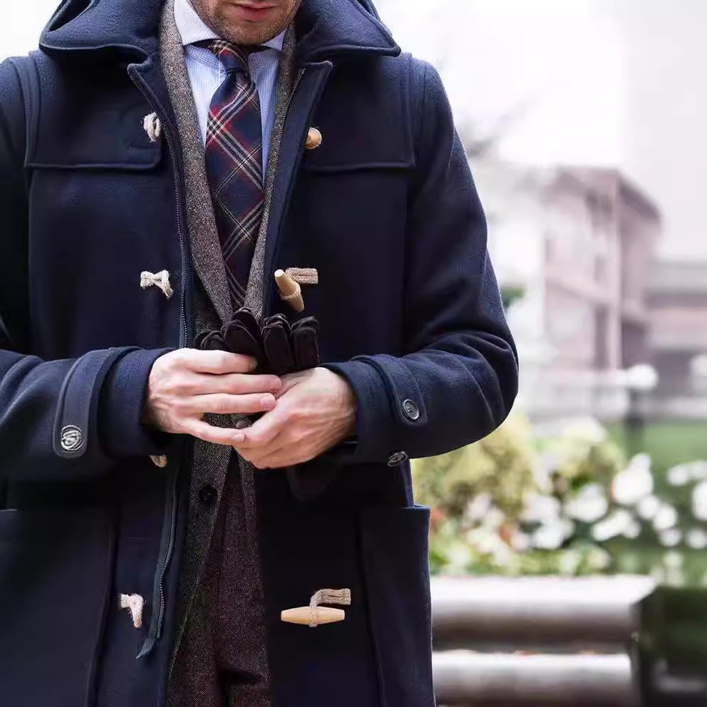 Elegant men's classic duffle coat, a stylish winter jacket with traditional toggle fastenings for men's fashion.