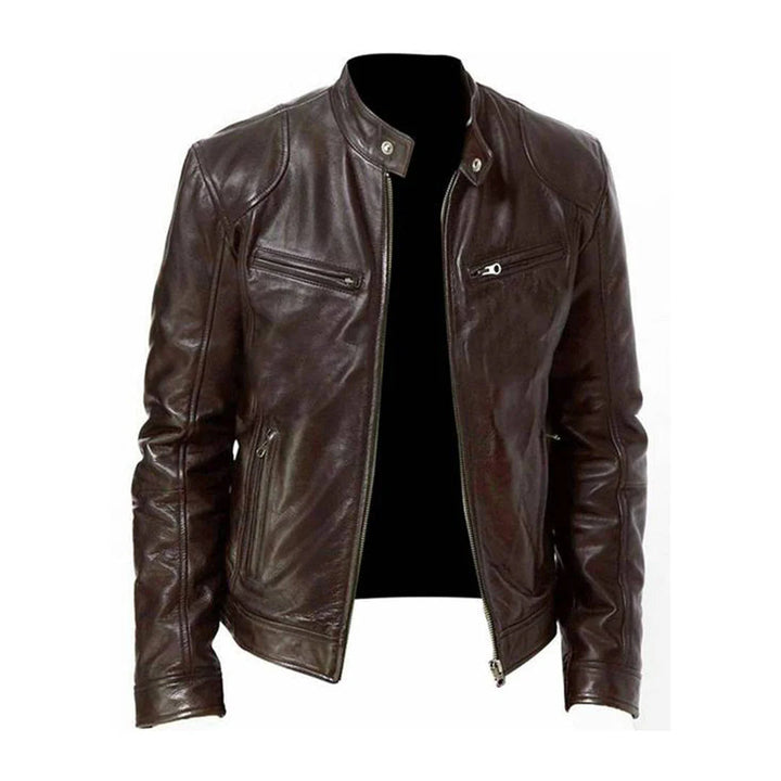 Classic black faux leather men's jacket, close-up of texture and zipper