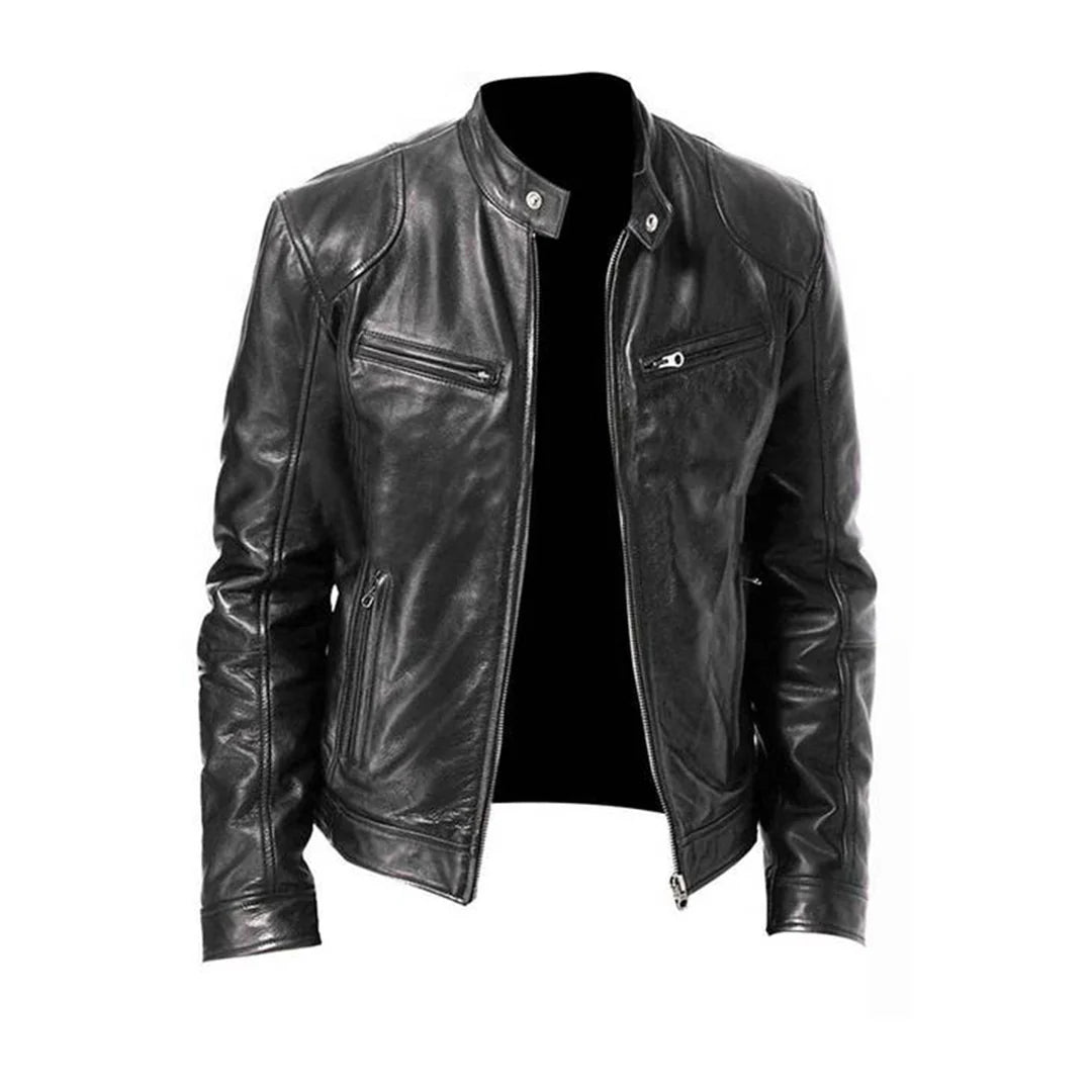 Men's outerwear: black faux leather jacket, side view, regular fit