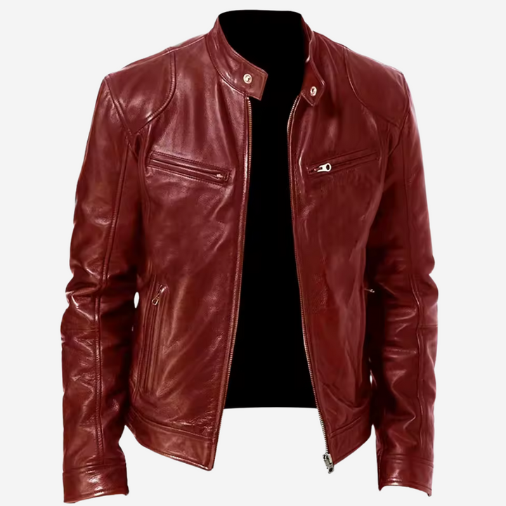 Fashionable men's black faux leather jacket, standing pose, all season
