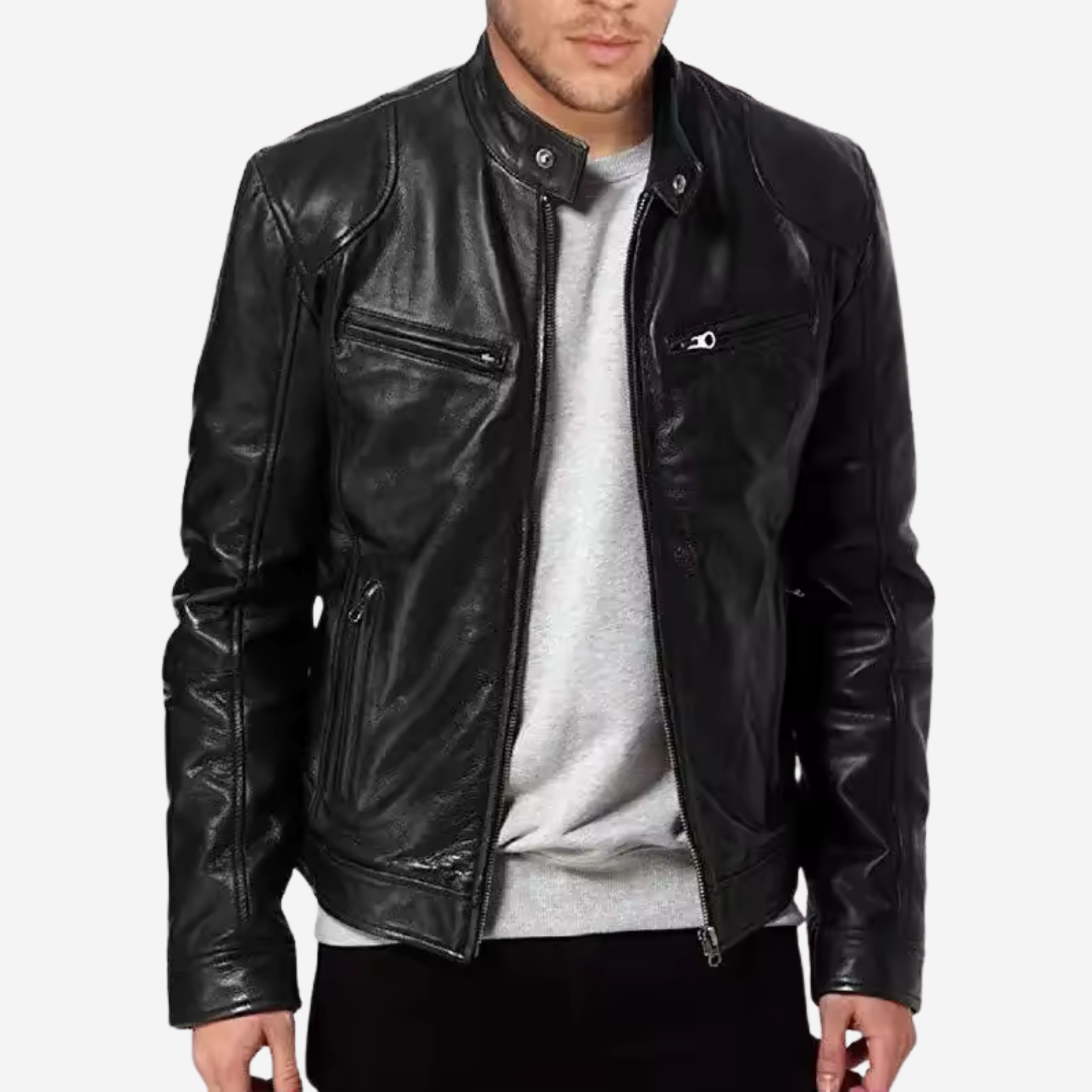 Front angle of a new men's classic black faux leather jacket, retail product