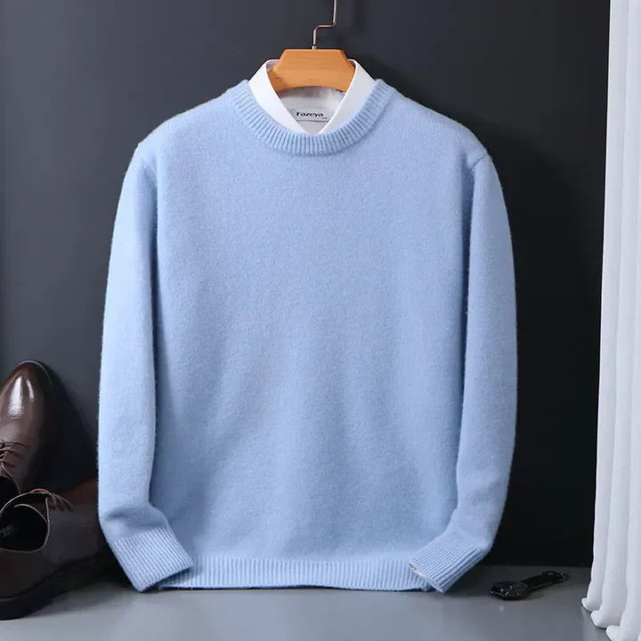 Full shot of a green men's classic wool-blend sweater on a mannequin, showcasing its fit and style.
