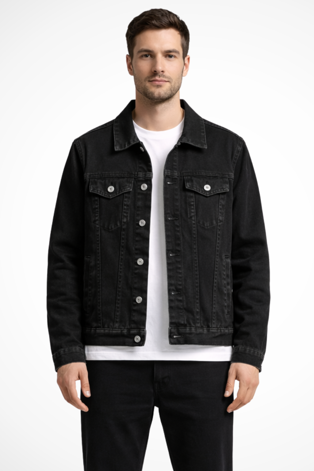 Men's Classic Fit Button-Up Black Denim Jacket, versatile casual outerwear for timeless everyday style.