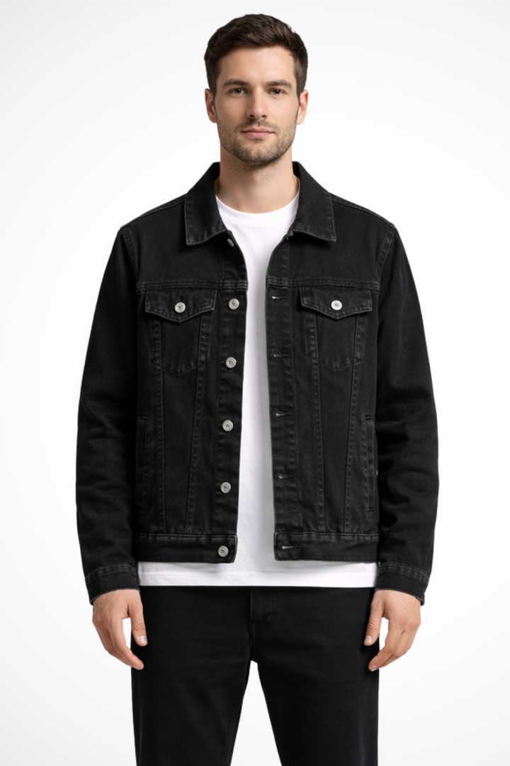 Men's Classic Fit Button-Up Black Denim Jacket, versatile casual outerwear for timeless everyday style.