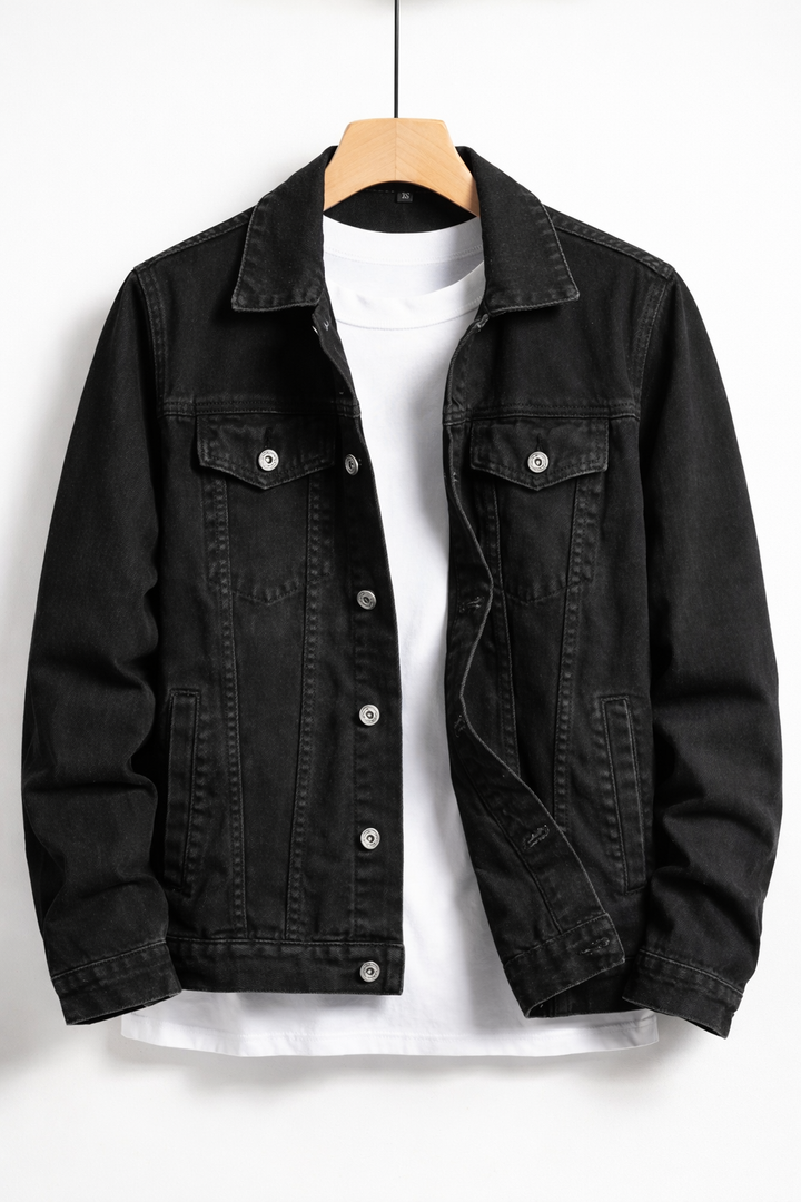Classic fit men's button-up black denim jacket. Structured, timeless casual outerwear for versatile men's fashion.