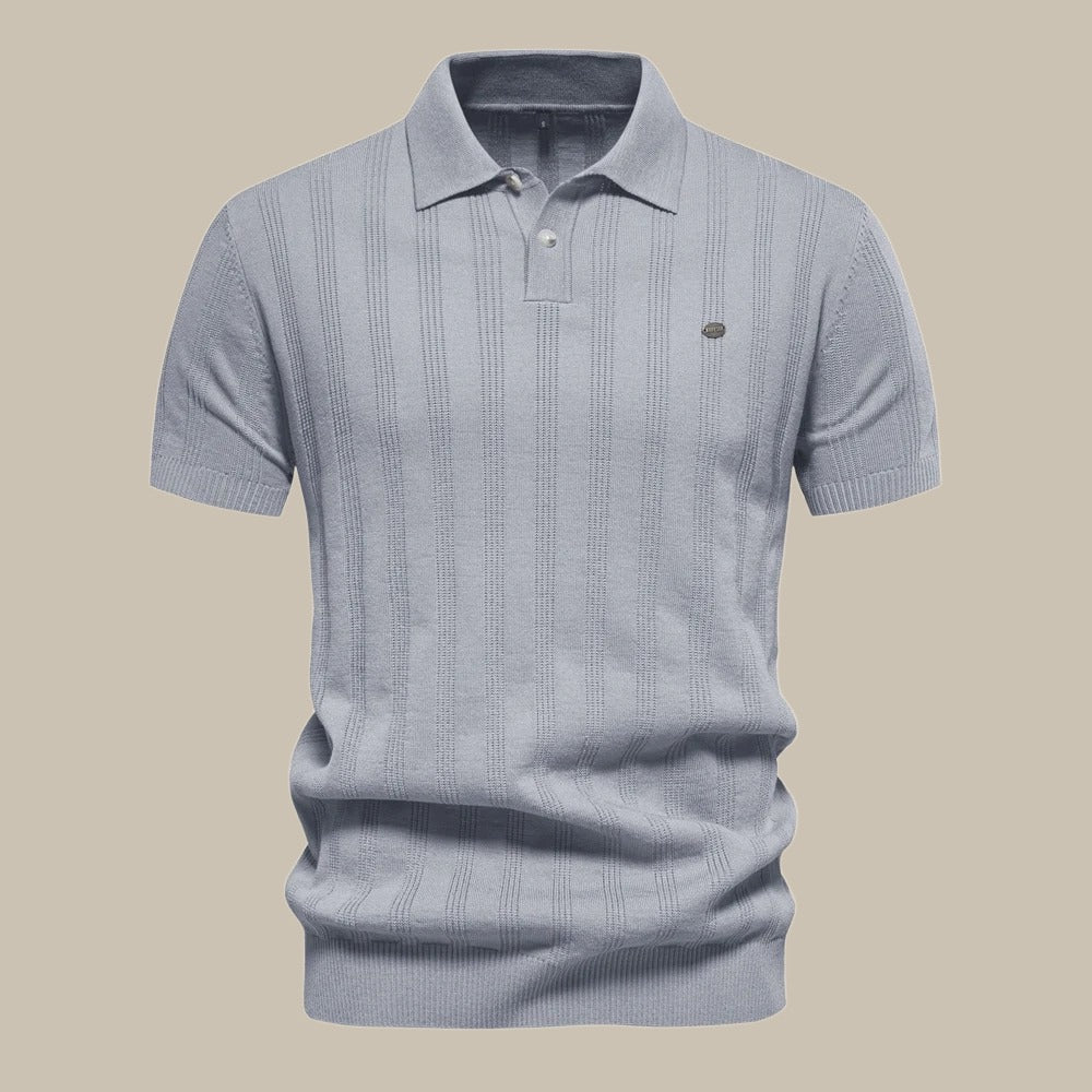 Versatile men's short sleeve knit polo, classic fit, offering refined smart-casual style for modern men.