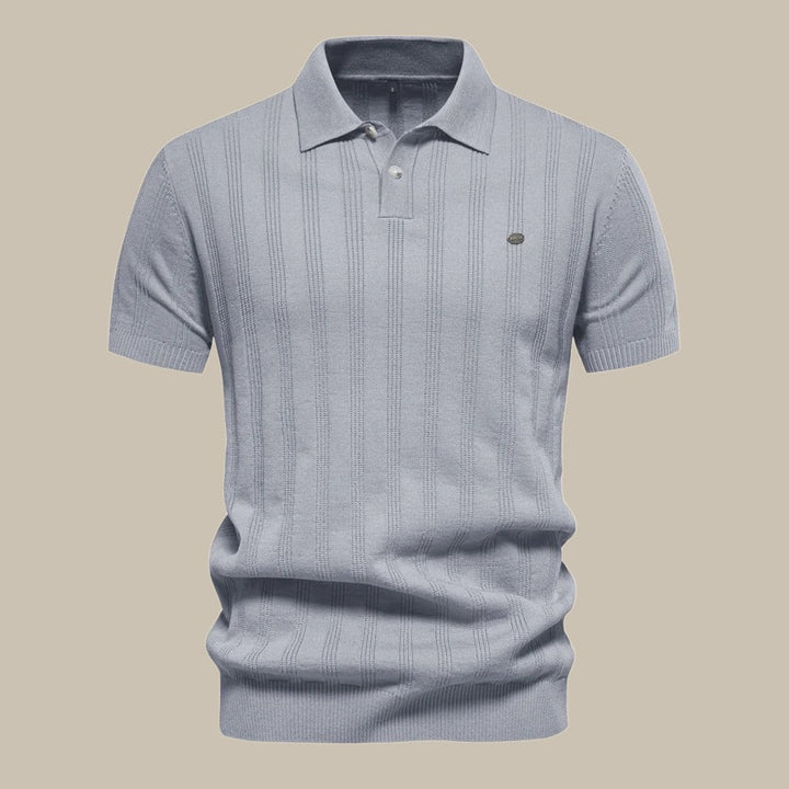 Versatile men's short sleeve knit polo, classic fit, offering refined smart-casual style for modern men.