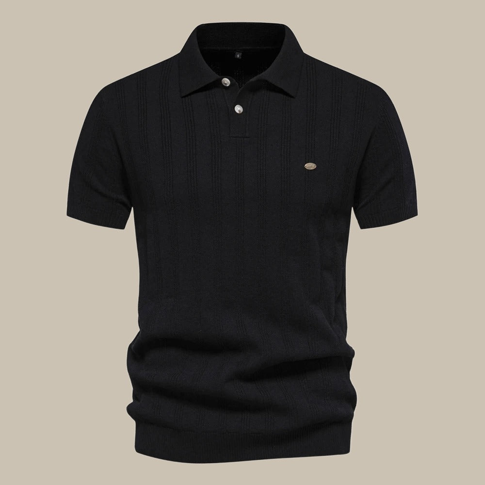 Men's smart-casual short sleeve knit polo, classic fit, ensuring comfortable & refined everyday wear.