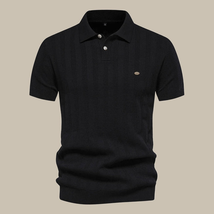 Men's smart-casual short sleeve knit polo, classic fit, ensuring comfortable & refined everyday wear.