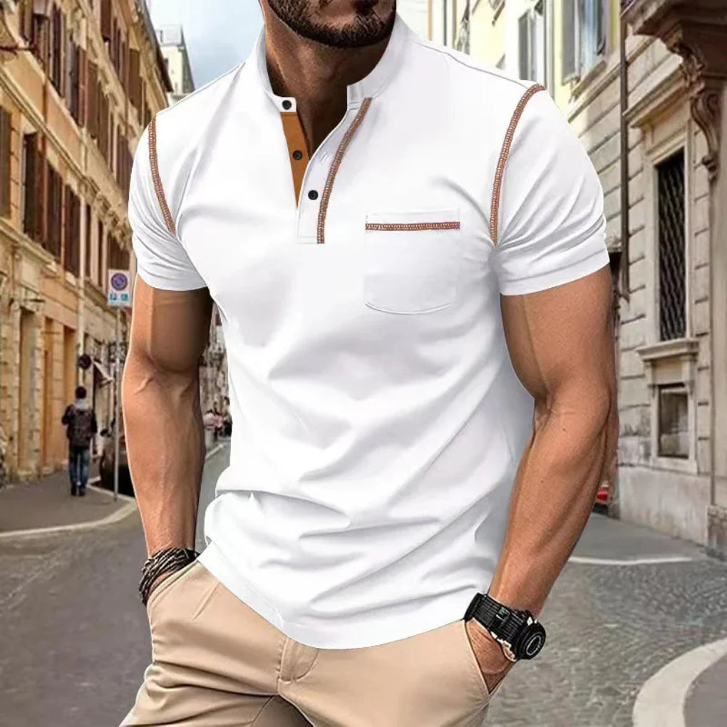 Model wearing a red classic fit short sleeve men's polo, stylish casual wear.