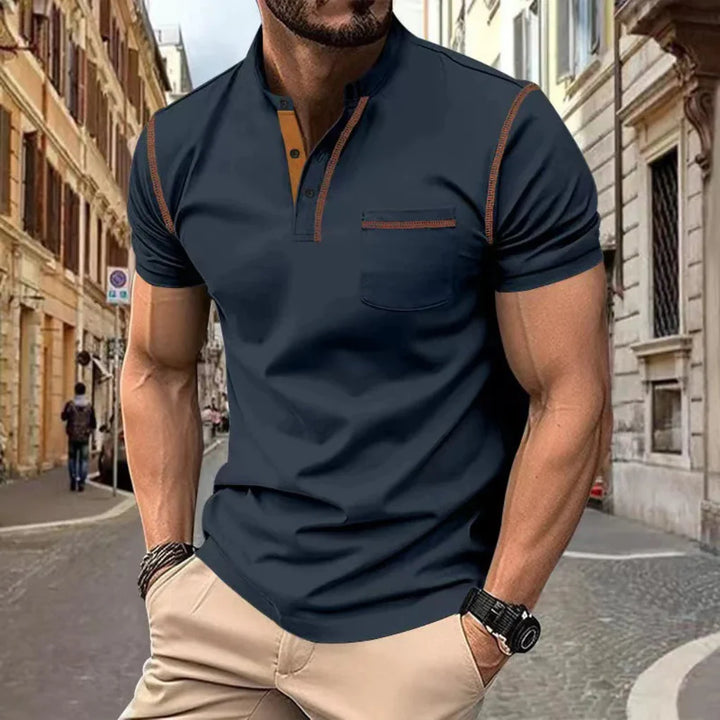 Green men's short sleeve polo shirt, classic fit, essential for summer and versatile styling.