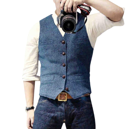 Men's classic gilet in navy, perfect for smart casual layering over a shirt. Timeless men's fashion vest.