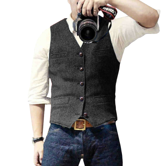 Versatile men's gilet, a classic sleeveless jacket suitable for both formal and everyday smart casual wear.