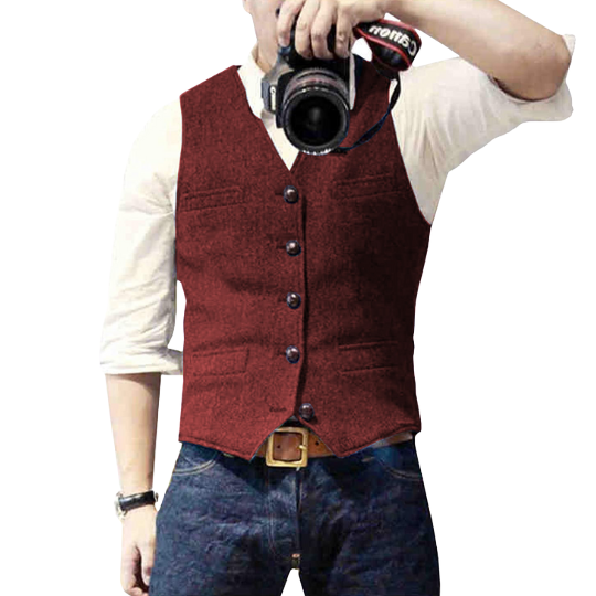 Front view of a men's classic gilet, showcasing its timeless design and comfortable fit. Smart casual waistcoat.