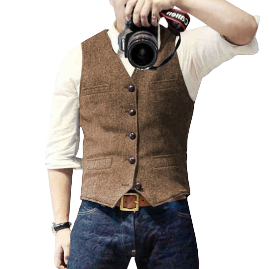 Men's classic gilet on model, demonstrating its versatile layering style & comfortable fit for everyday fashion.