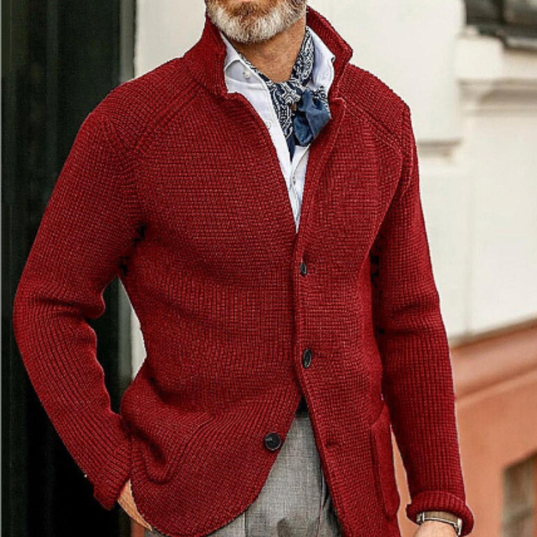 Men's button-up cardigan in a vibrant color, offering a stylish pop for winter fashion layering.