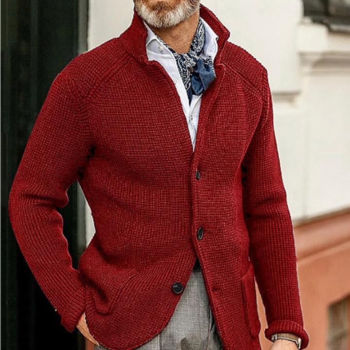 Men's button-up cardigan in a vibrant color, offering a stylish pop for winter fashion layering.
