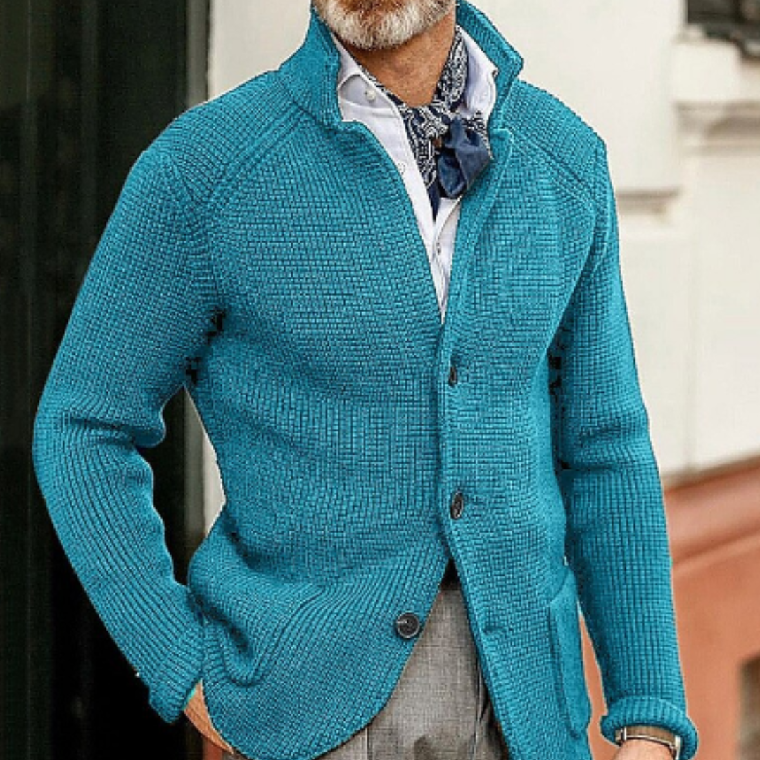 Elegant men's button-up cardigan, a classic knit sweater for sophisticated casual and winter fashion.