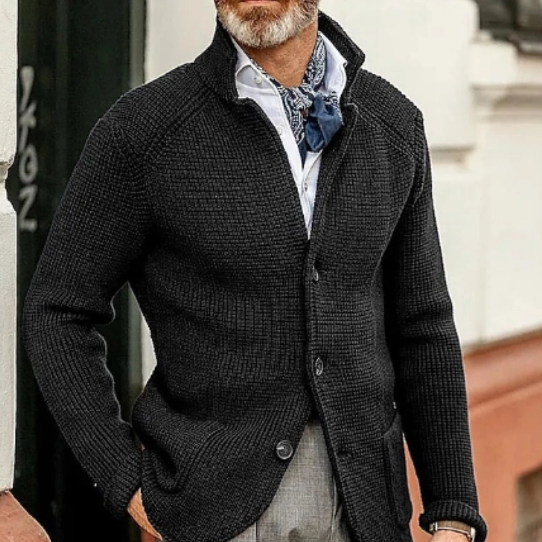 Model wearing a stylish men's button-up cardigan, perfect for elegant casual wear and winter layering.