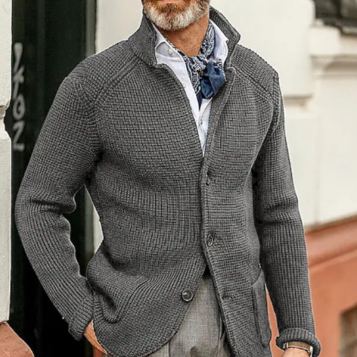 Full shot of a comfortable men's button-up cardigan, versatile for casual and elegant outfits.