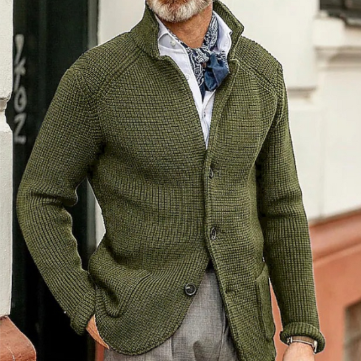 Back view of a fashionable men's button-up cardigan, designed for stylish winter outerwear.