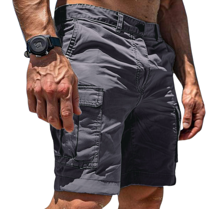 Men's classic grey cargo utility shorts, perfect for casual wear, outdoor activities & everyday comfort. Multi-pocket design.